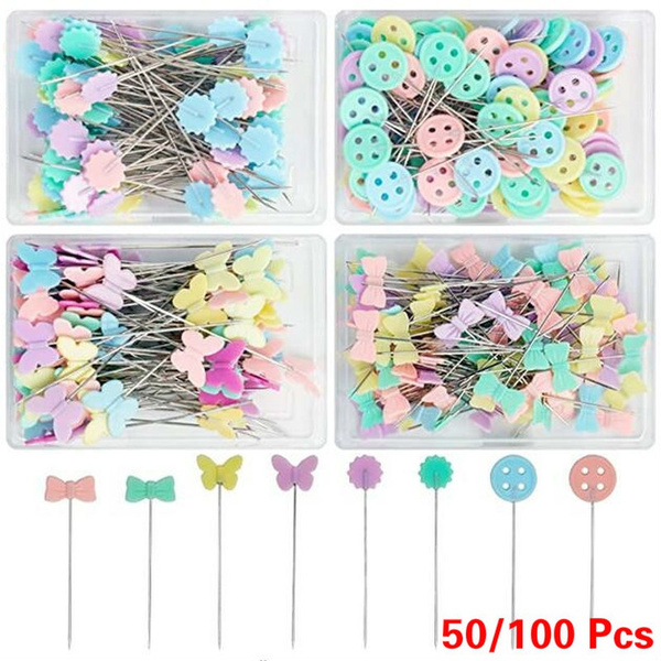 50/100 Pcs Mix Color Flat Head Pins,Butterfly/Flower/Botton/Bowknot Head  Sewing Pins Quilting Pins for Sewing DIY Projects Dressmaker Jewelry  Decoration